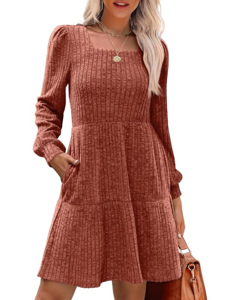 Womens Square Neck Long Sleeve Fall Dresses Casual Babydoll Sweater Dress - Image 13