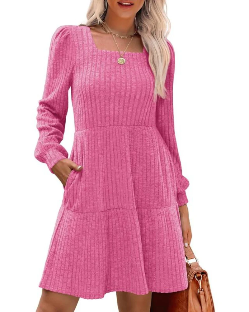 Womens Square Neck Long Sleeve Fall Dresses Casual Babydoll Sweater Dress - Image 14