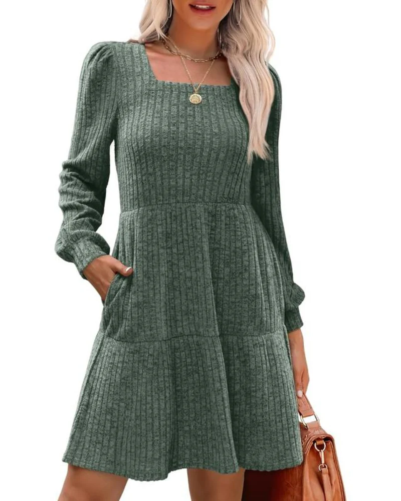 Womens Square Neck Long Sleeve Fall Dresses Casual Babydoll Sweater Dress - Image 15