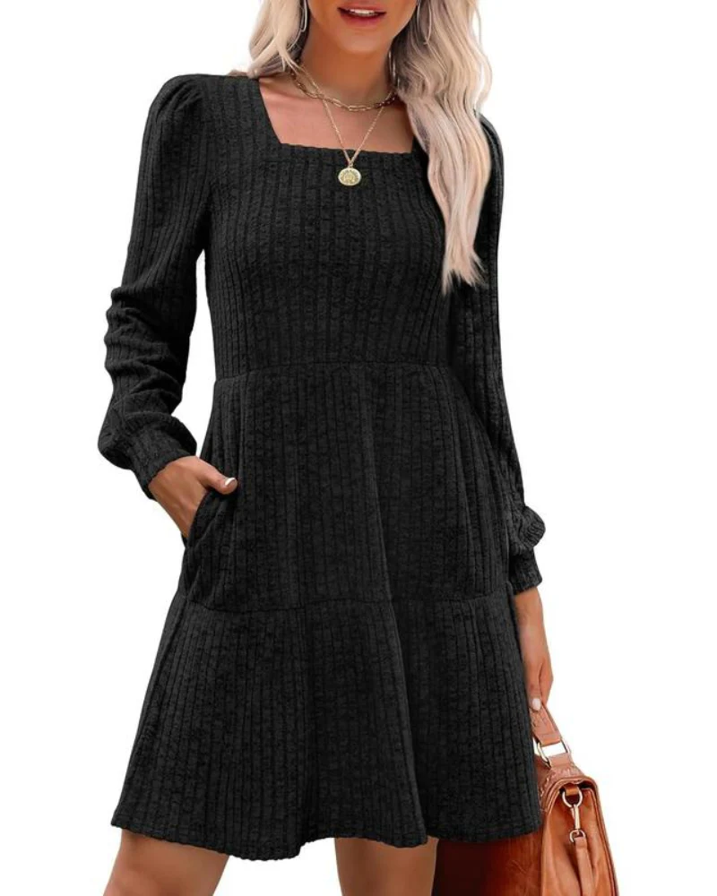 Womens Square Neck Long Sleeve Fall Dresses Casual Babydoll Sweater Dress - Image 17