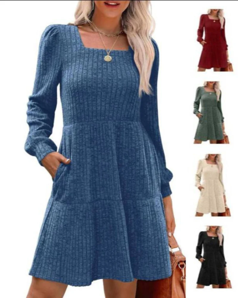 Womens Square Neck Long Sleeve Fall Dresses Casual Babydoll Sweater Dress - Image 3