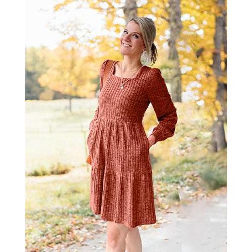 Womens Square Neck Long Sleeve Fall Dresses Casual Babydoll Sweater Dress - Image 6
