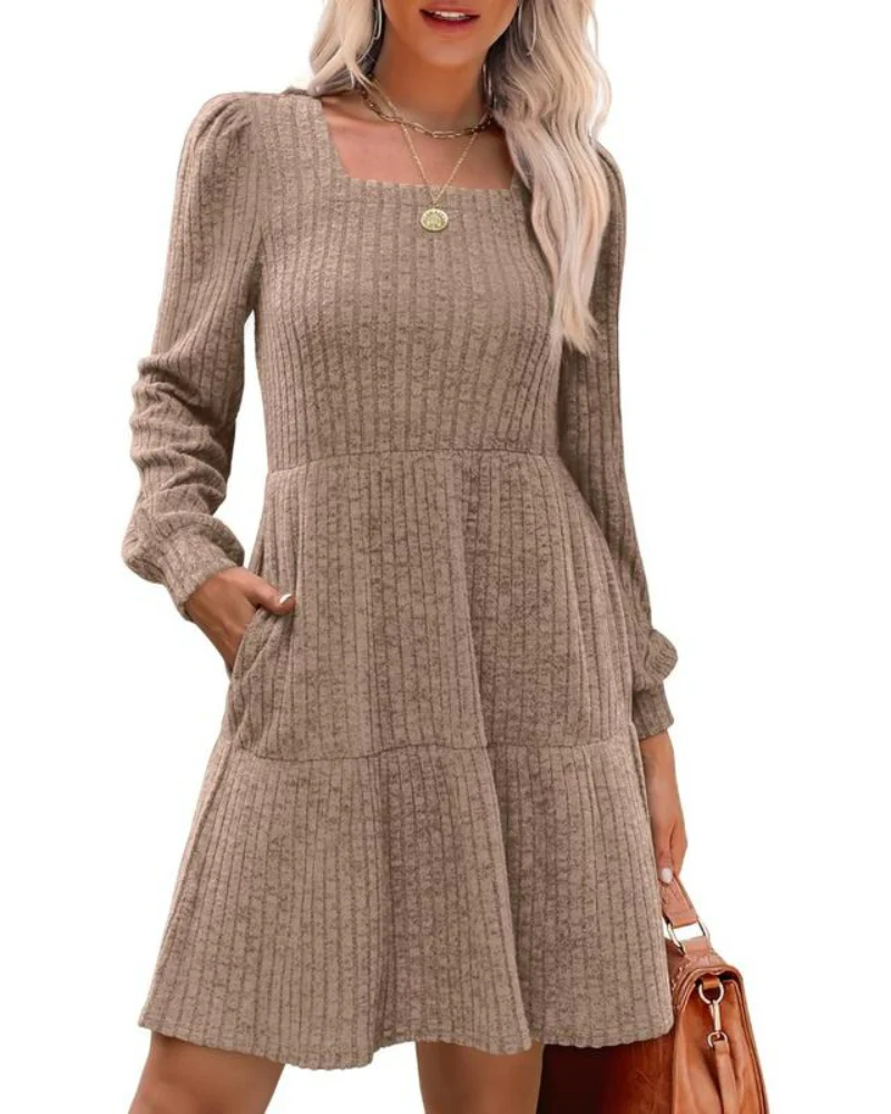 Womens Square Neck Long Sleeve Fall Dresses Casual Babydoll Sweater Dress - Image 9